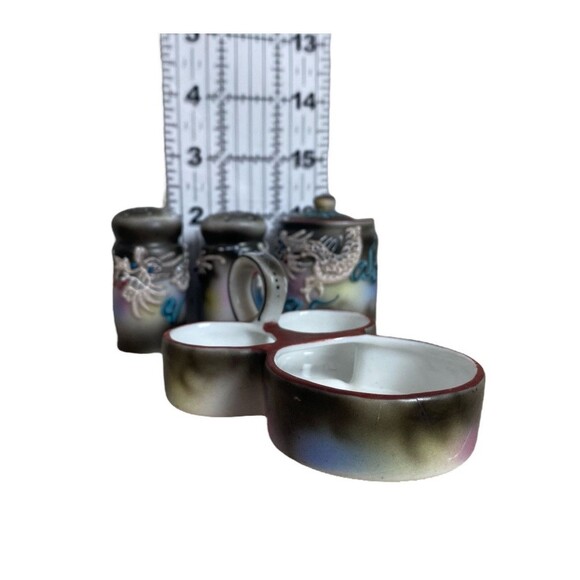 Vintage Japanese Moriage Dragonware Salt & Pepper + Mustard Pot 1920‑50s - Picture 4 of 6